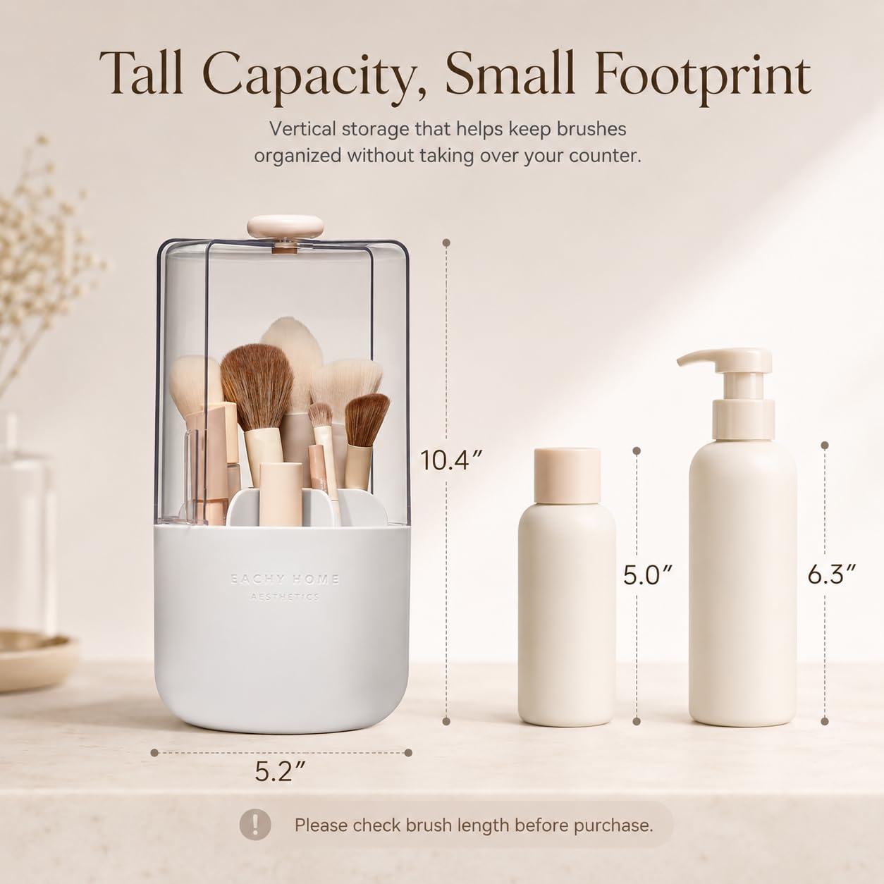 EACHY Makeup Brush Holder with Lid, 360° Rotating Vanity Organizer for Brushes, Dustproof Cosmetic Display Case, 7 Compartments, Waterproof Plastic (White)