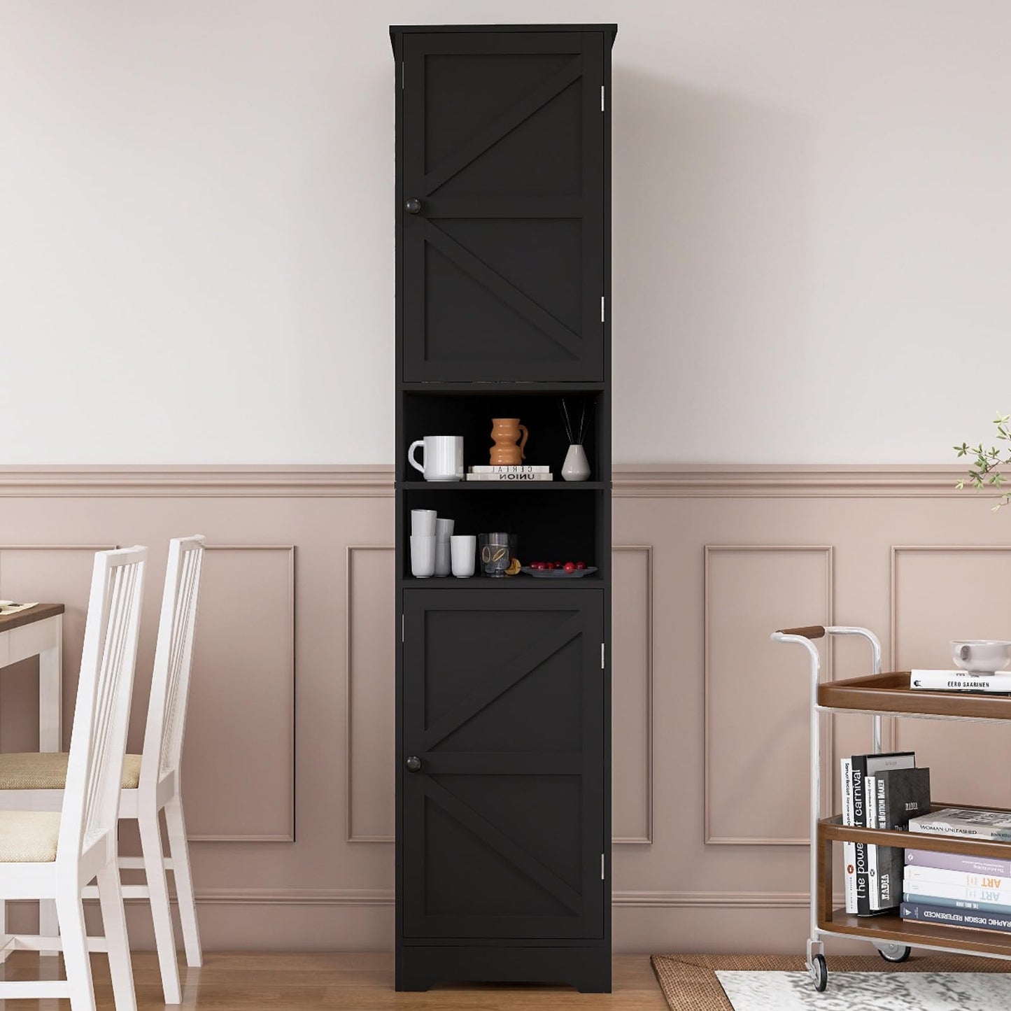 Viaozutis Tall Bathroom Storage Cabinet, Slim Freestanding Cabinet with Adjustable Shelves, Vertical Storage Organizer for Small Bathrooms, Toilet Paper & Daily Essentials Storage Black
