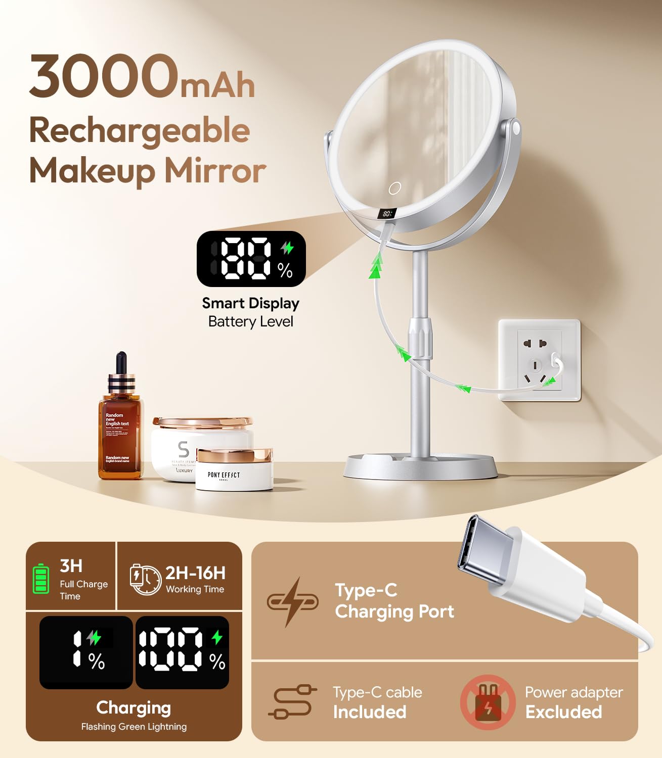 8" ABS Lighted Makeup Mirror with Lights, 1X/20X Magnifying Mirror with Light and Digital Display, 2.6in Height Adjustable, Rechargeable, 3 Color Modes for Makeup & Shaving, Easy to Detach, Women Gift