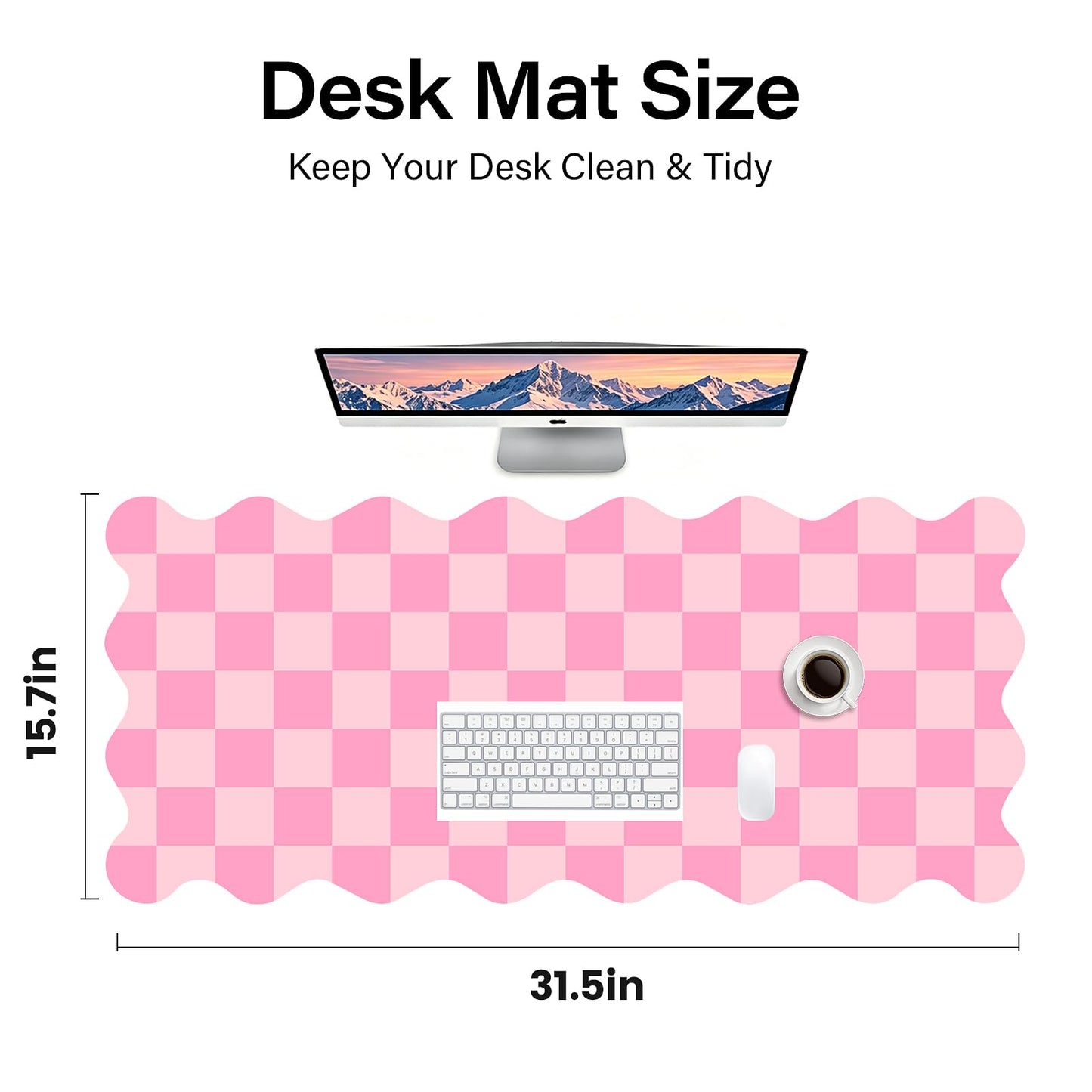 Scalloped Pink Desk Mat, 31.5" x 15.7" Waterproof Large Desk Mat, Non-Slip Computer Mouse Pad and Keyboard Mat, Pink Cute Desk Mat for Office, Work, Home, or Vanity
