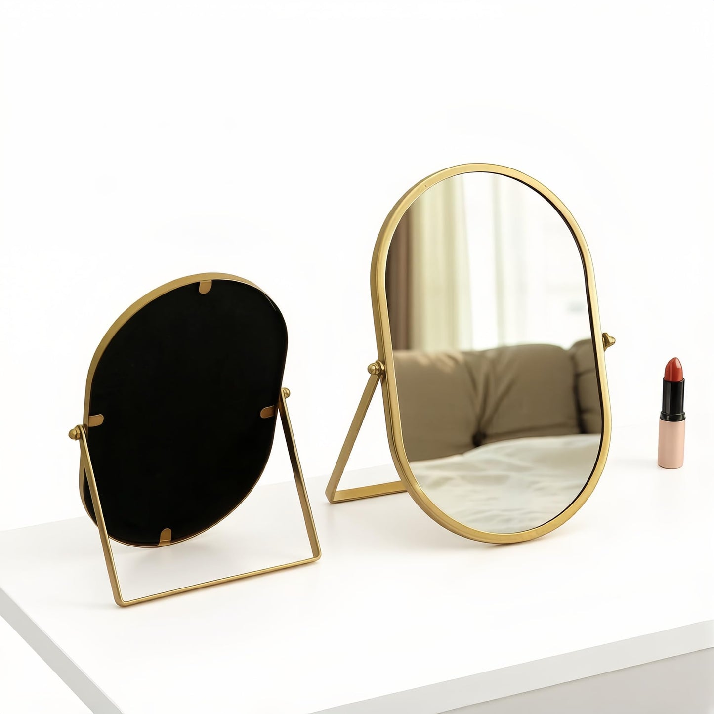 yxyzylzrx Gold Oval Vanity Mirror, 360° Rotation 180° Tilt Adjustable Desktop Makeup Mirror with Metal Frame, Decorative Standing Mirror for Bedroom, Bathroom, Living Room