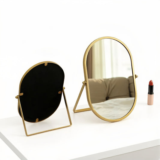 yxyzylzrx Gold Oval Vanity Mirror, 360° Rotation 180° Tilt Adjustable Desktop Makeup Mirror with Metal Frame, Decorative Standing Mirror for Bedroom, Bathroom, Living Room