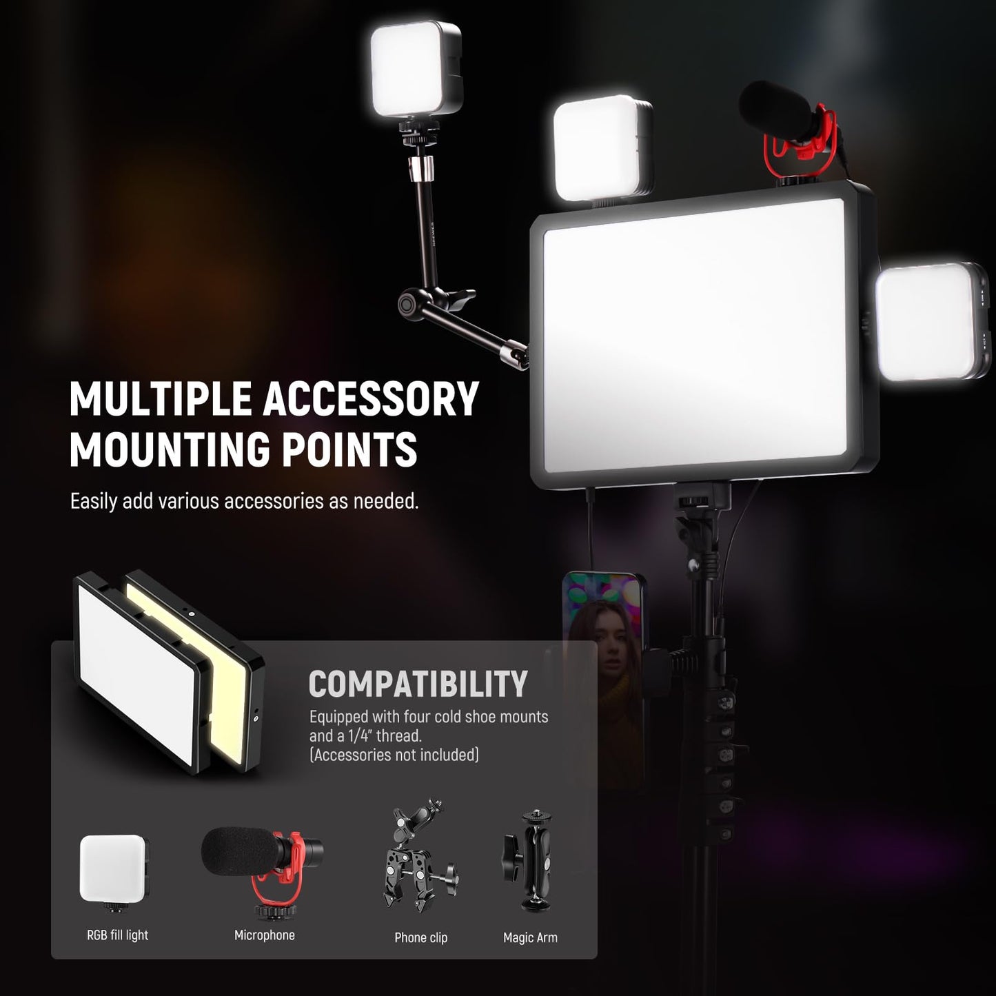 NEEWER Basics 2Pcs LED Video Light Panel with 59'' Tripod Stands/Phone Holders, 2700-6500K 850Lux Dimmable Plastic Studio Lighting for Photography Filming Recording Live Streaming, No Adapter, BP300