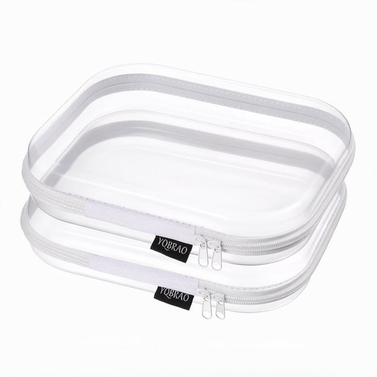 YQBRAO 2-Pack Medium Clear Hard Shell Zipper Case White, 1.2mm Heavy-Duty Crush-Proof Makeup Bag, Versatile Diaper Bag Organizer Pouches, Rigid Clear Zipper Pouches for Toiletries, Tech & Daily Carry