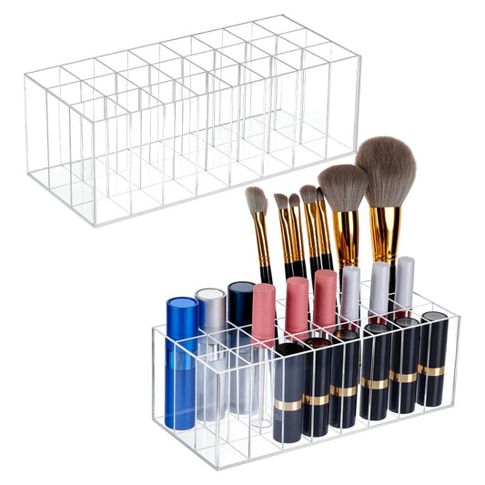 peacoblue 2Pcs 24 Slots Acrylic Lip Gloss Holder Lipstick Organizer, 8.3"x3.5"x2.7" Beauty Makeup Chapstick Holder, Clear Cosmetic Vanity Display Case for Lip Balm, Brush, Perfume
