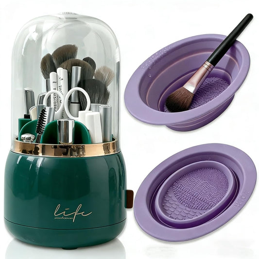 YZEASYPINK 360 Rotating Makeup Brush Holder with Lid,Clear Dustproof Make Up Organizers for Vanity Countertop,Includes a Foldable Bowl for Cleaning Makeup Brush,Transparent, Dustproof-Green