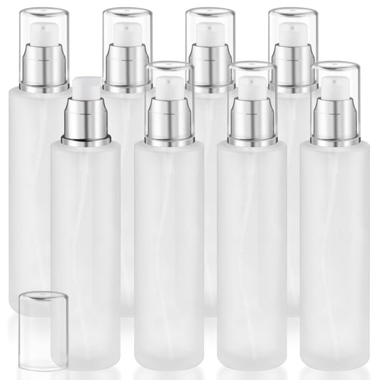 8 Pcs 120ml/4oz Frosted Glass Bottles Refillable Pump Dispenser Jar Travel Lotion Vials with Plastic Pump Head for Toiletry Liquid Foundation Cream Cosmetic Samples - Silver