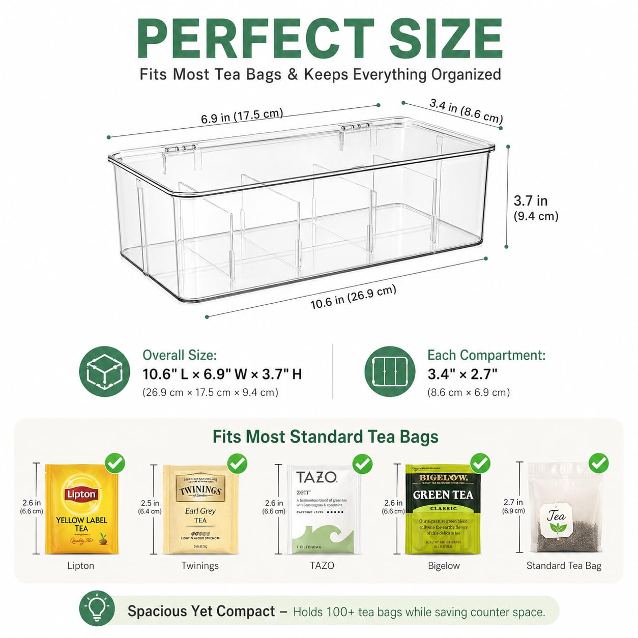 Tea Bag Organizer - Clear Acrylic Tea Storage Box with 8 Adjustable Compartments & Stackable Design for Pantry, Kitchen & Coffee Station - Versatile Tea Bag Holder with Lid