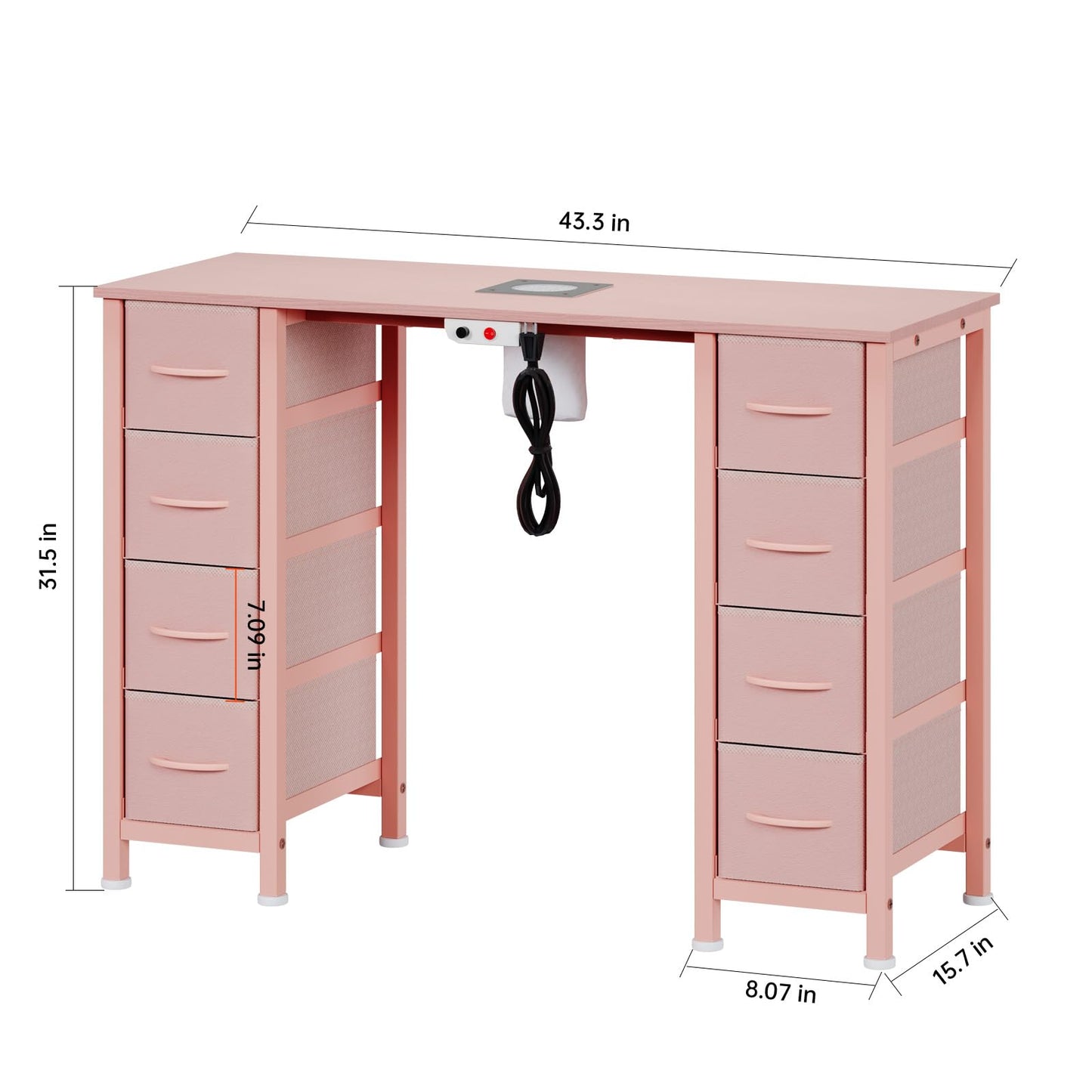 DrawXynth Nail Desk, Manicure Table, Nail Beauty Salon Workstation w/Electric Dust Collector, 8 Fabric Drawers