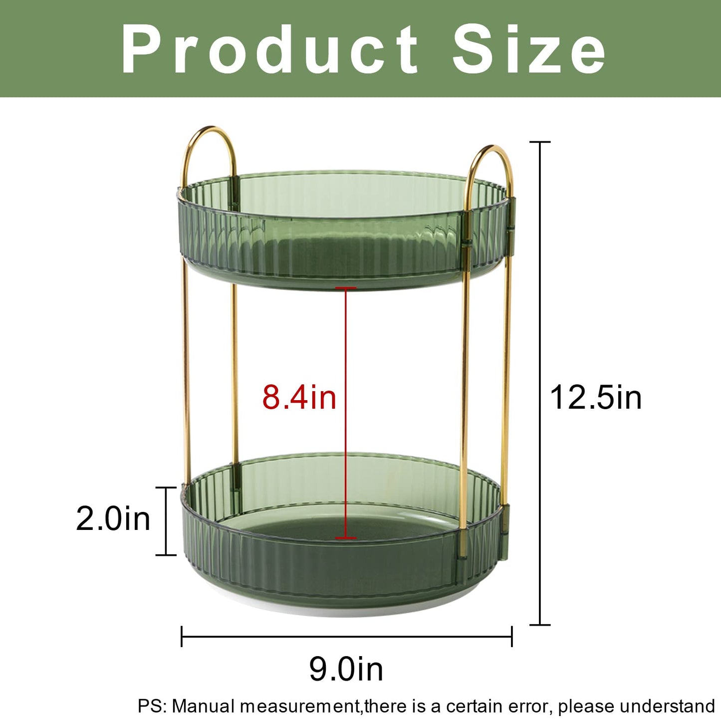INVSSENE 360° Rotating Makeup Organizer, Bathroom Make Up Spinning Holder Rack, Large Capacity Cosmetics Storage Vanity Shelf Countertop, Fits Cosmetics, Perfume, Skincare, Lipsticks(2 Tiers, Green)