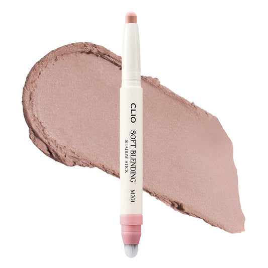 CLIO Soft Blending Eyeshadow Stick - Long Lasting, Matte, Shimmer & Glitter Finishes, Built-in Brush for Easy Blending, Coconut-Derived Ester Oil Infused (M201 CASHMERE MUTE)