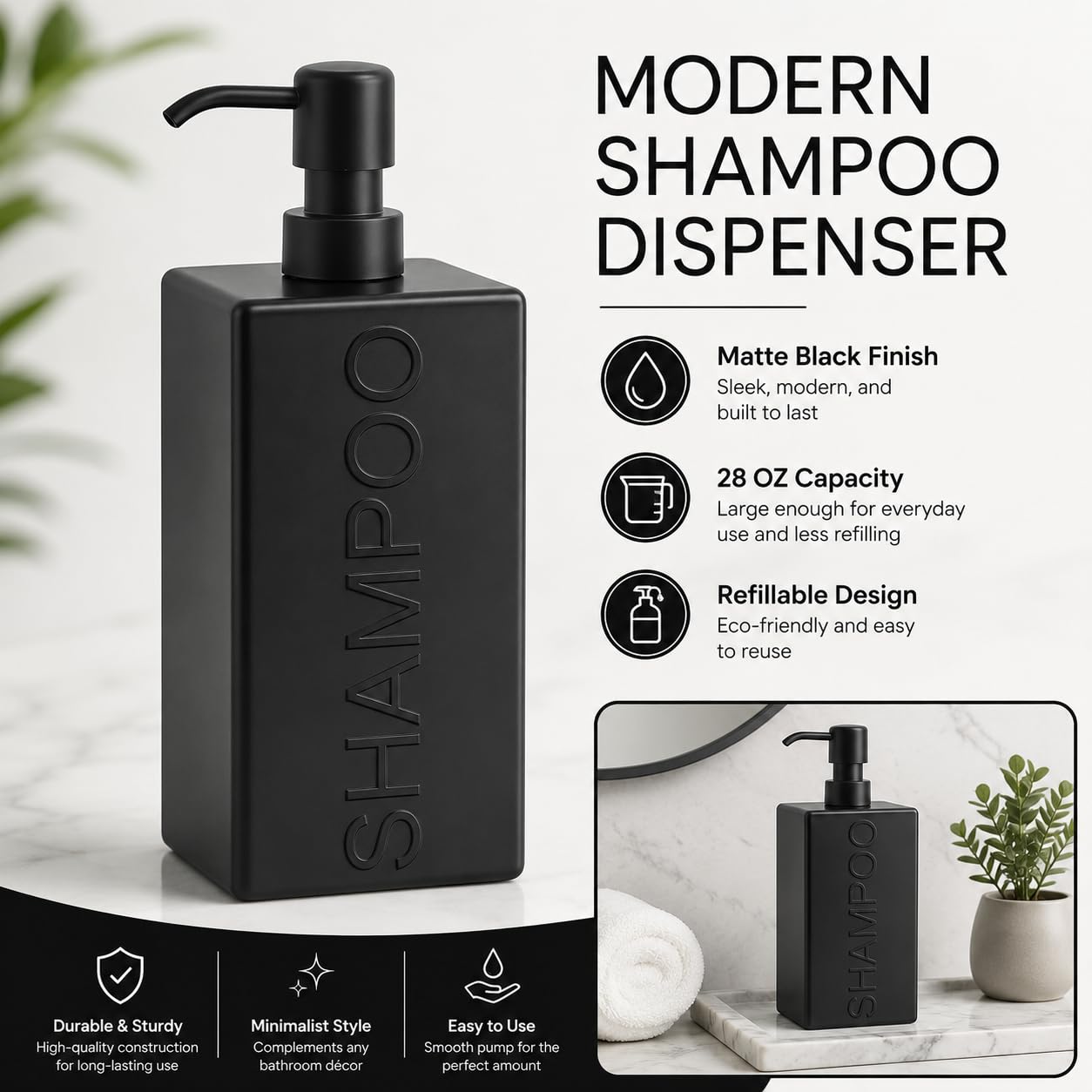 Indecor Home Rectangular Resin Dispenser Premium Bathroom Shampoo Conditioner Body Wash Bottle Modern Refillable Pump Design