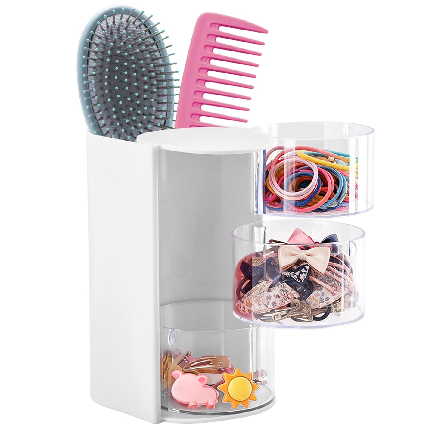 WeiLingBo 3-Layer Hair Accessories Organizer with Hair Brush Holder,Rotatable Makeup Brush Holder for Necklaces,Earring, Bracelet,Ring,Desktop Organizer Case for Cotton Swab(White)