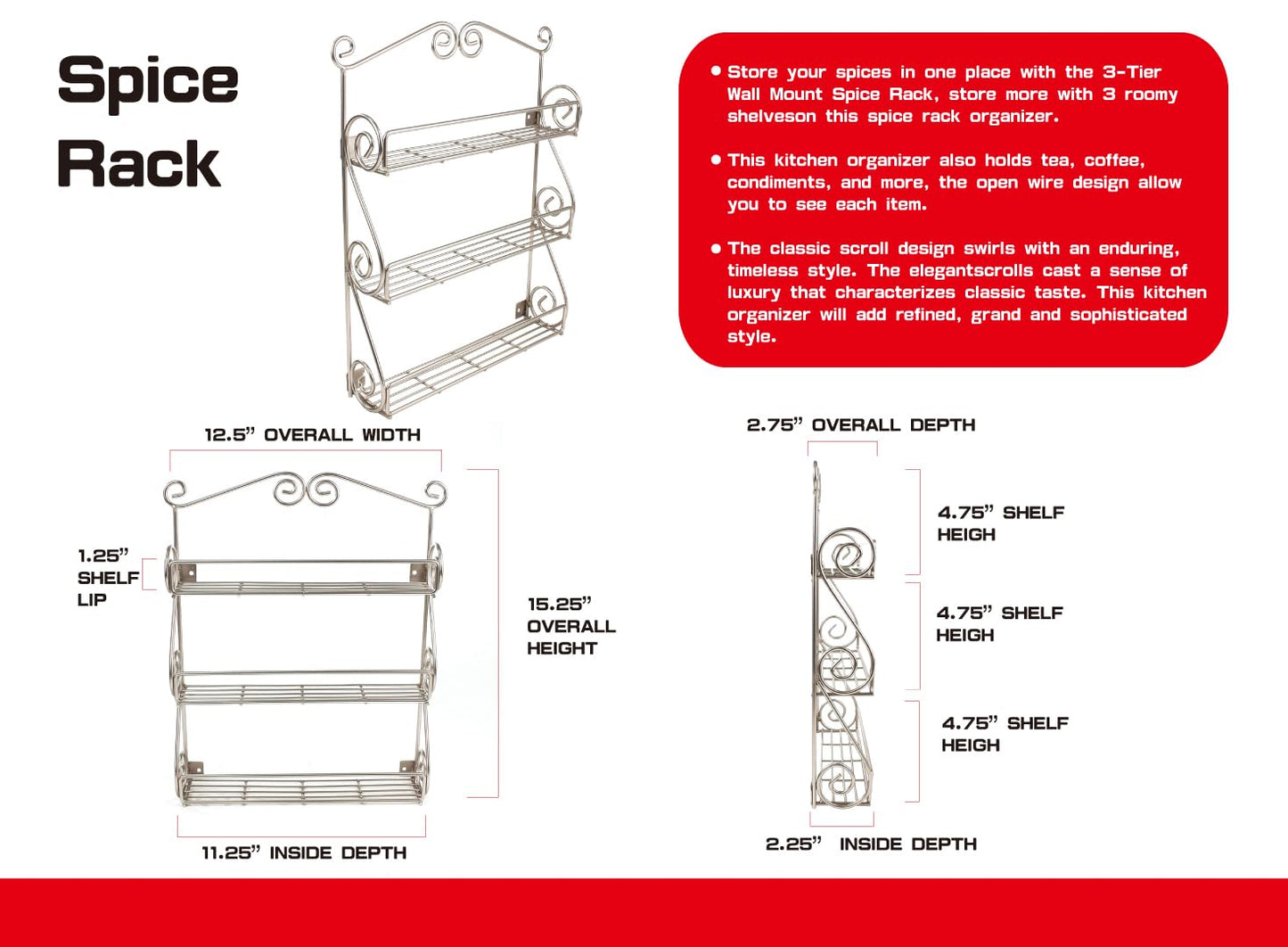 FitWell Scroll Wall Mount Spice Rack, 3-Tier, Traditional Spice Rack Cabinet & Kitchen, Beauty & Nail Polish Organizer for Bathroom, Scroll Wall-Mounted (Satin Nickel)