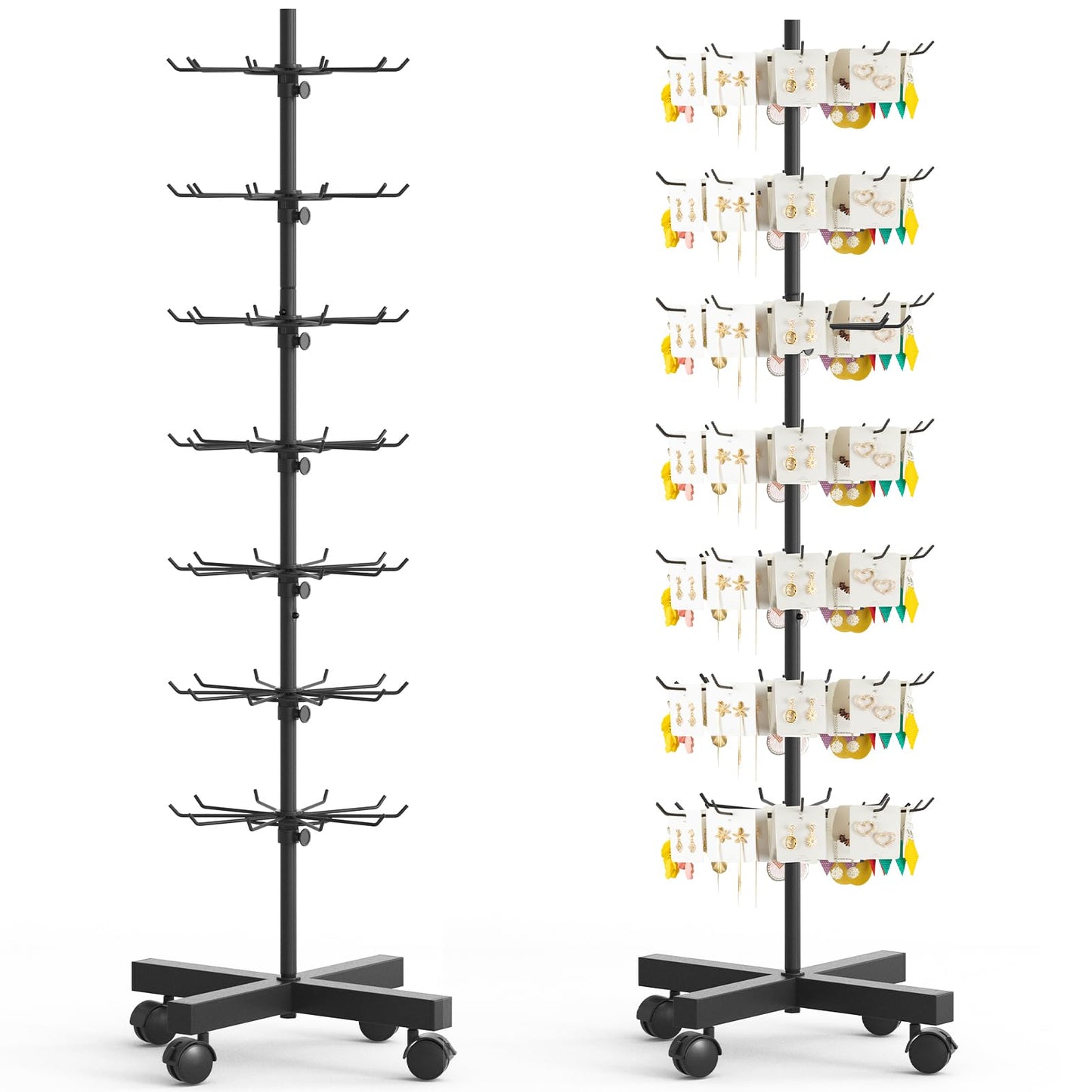 Cakokow Retail Rotating Display Stand 7 Tier, Display Rack with Hooks for Store Display Movable Shop, Display Spinner Stand for Snacks Jewelry Keyring Hats Socks Toys