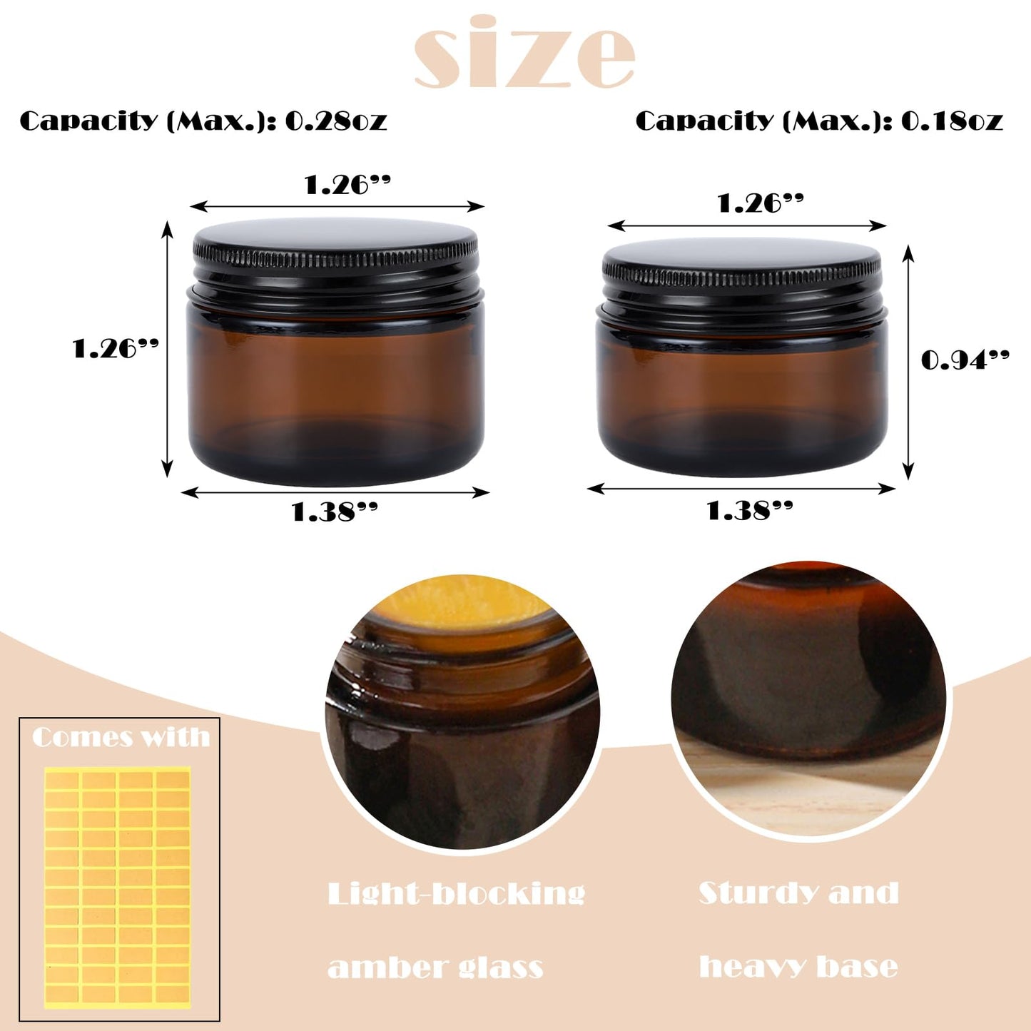 RAMFIYN 24 pack 5ml Amber Glass Cosmetic Jars with Black Metal Lids Empty Lip Balm Containers with Inner Liner Tiny Sample Jar with Label for Wax Salve Lotion