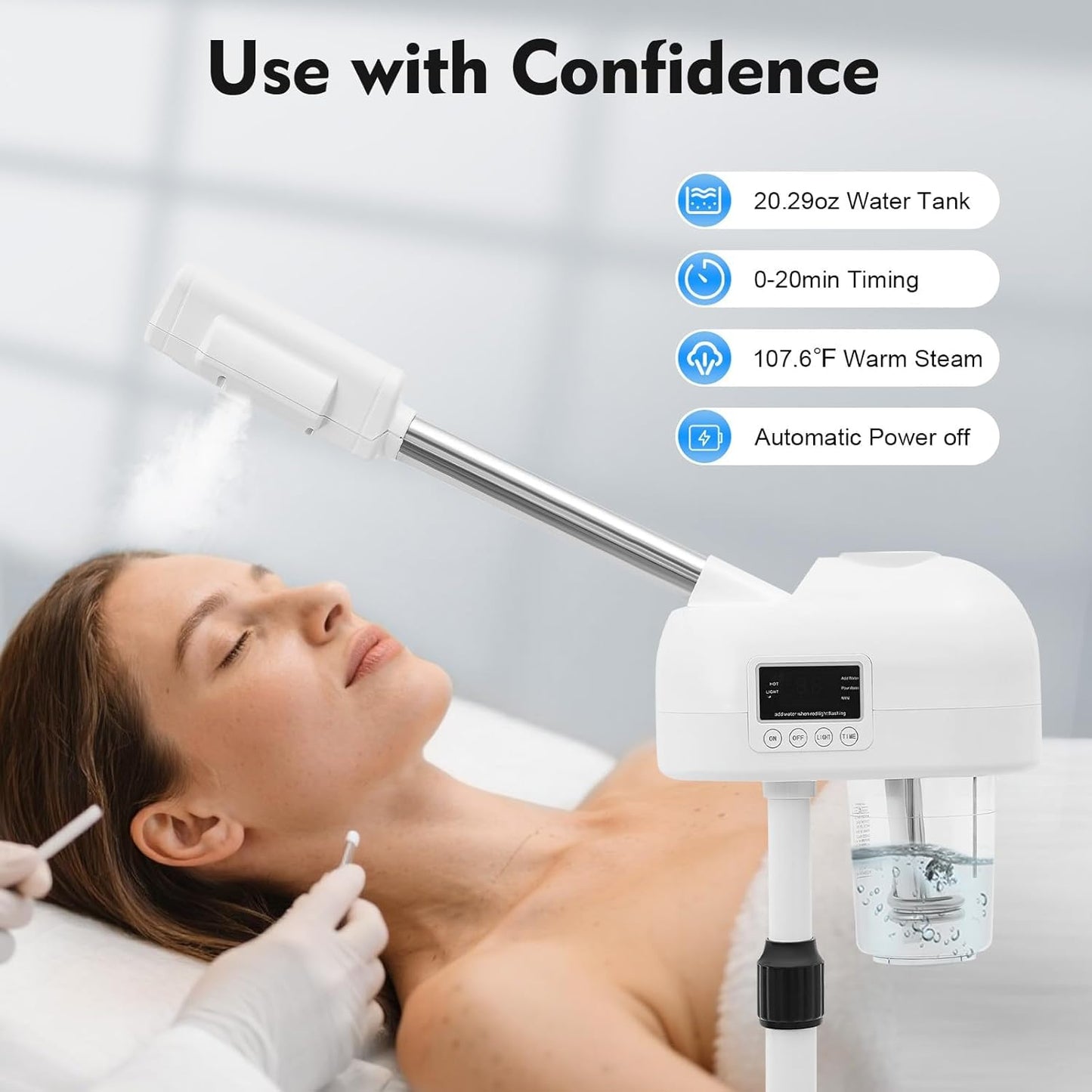 Professional Facial Steamer, Hot Mist Spray & Ozone, LCD Touch Screen & Timer Function, 600CC Large Capcity Water Jag, SPA at Home, White