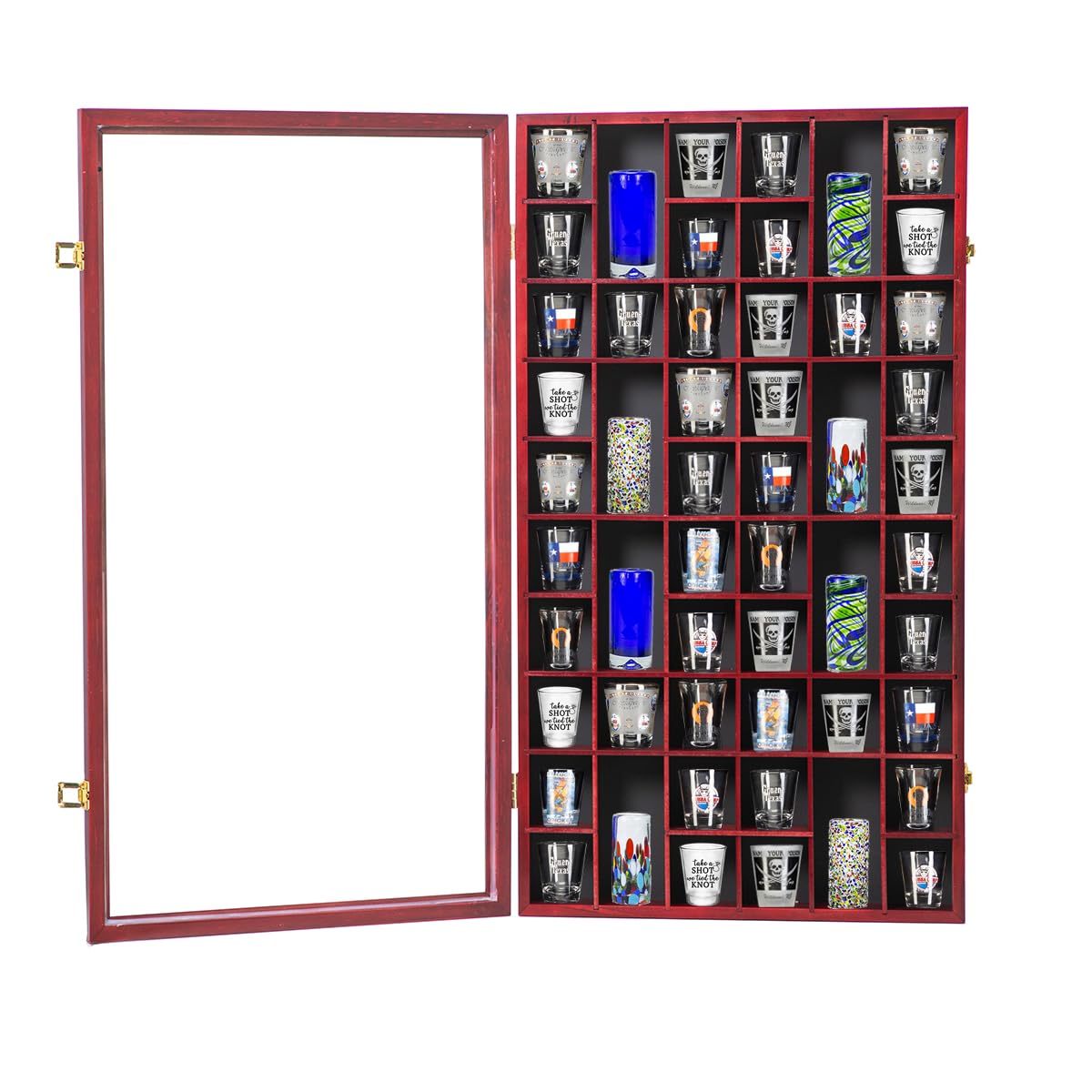 Shot Glass Display Case Large Wooden Cabinet Rack Holder Wall Mounted Mahogany Shadow Box Lockable with UV Protection Acrylic Glass Door Shot Glass Storage with Removable Shelves, 17"x32", 52 Slots