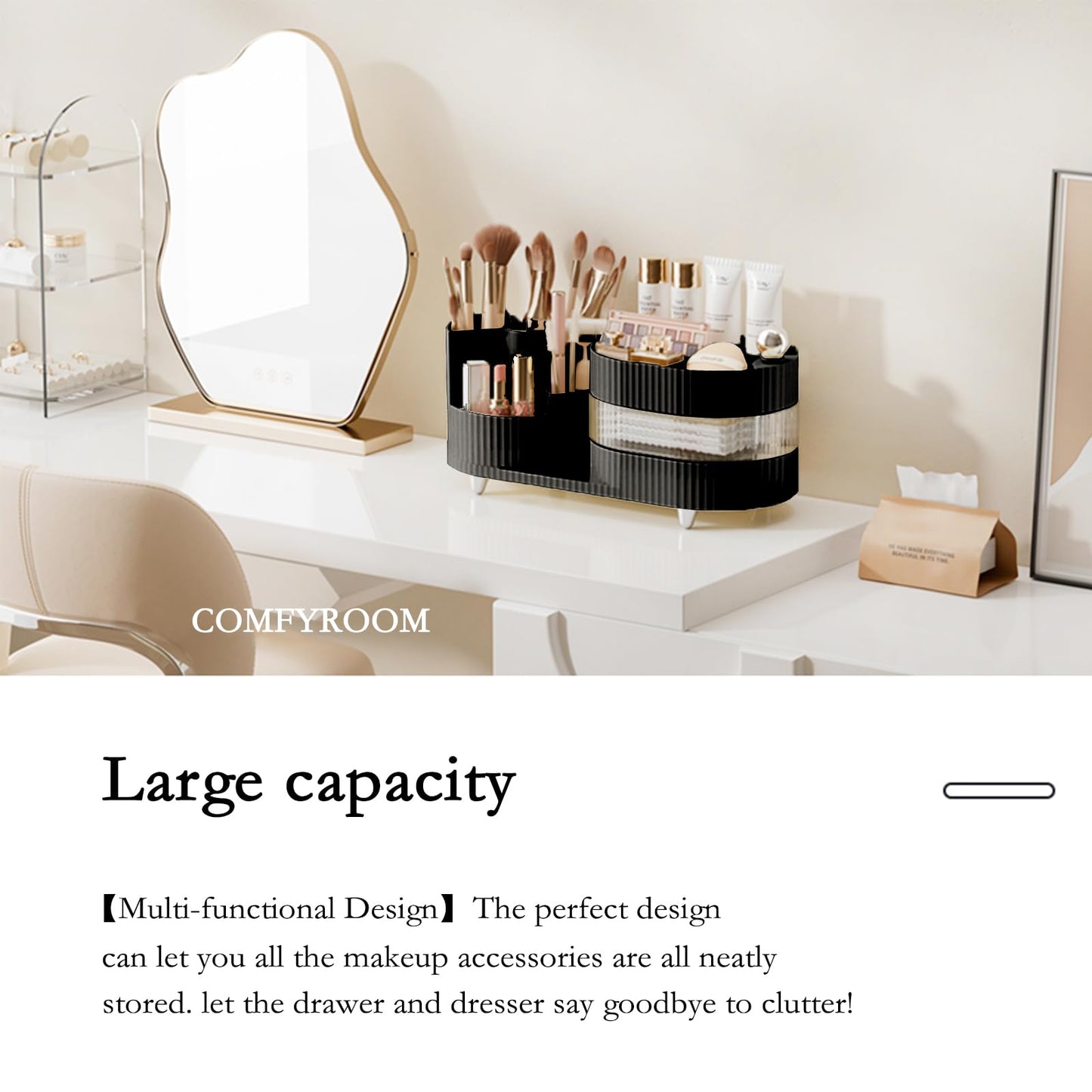 Rotating Vanity Organizer with Brush Holder and Drawer, 3 Layer Cosmetic Skincare Storage, Large Countertop Makeup Perfume & Lotions Display Case (Black)