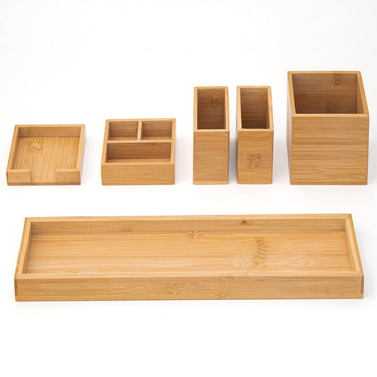 ROCDEER Bamboo Vanity Tray, 6-Piece Bathroom Countertop Vanity Tray Set, Makeup Kitchen Desk Organizer and Storage - Holds Small Items