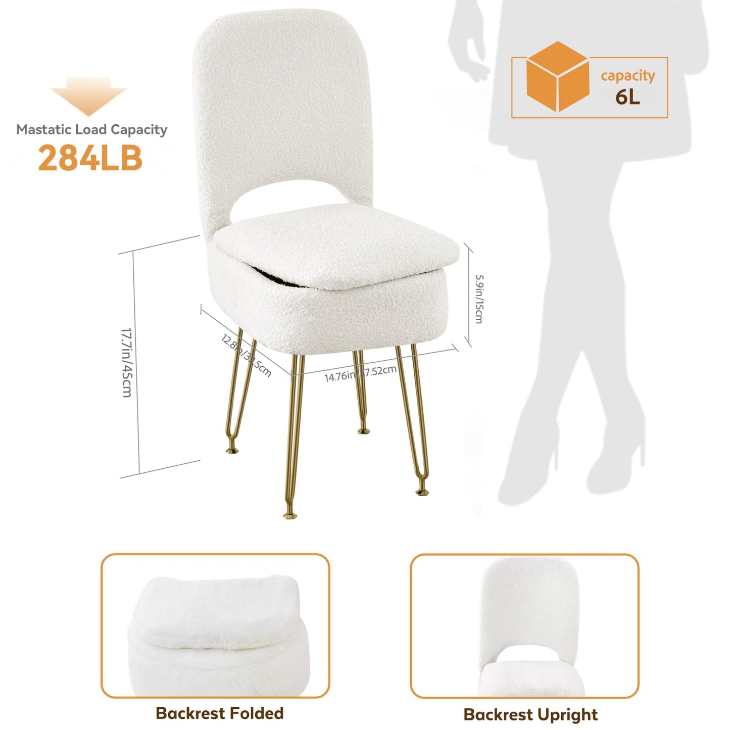 BRIAN & DANY Vanity Chair with Storage and Folding Back, Teddy Velvet Square Storage Chair, Vanity Stool Chair with 4 Metal Legs for Bedroom, Living Room and Makeup Stations, 13.4"x 15"x 30", White