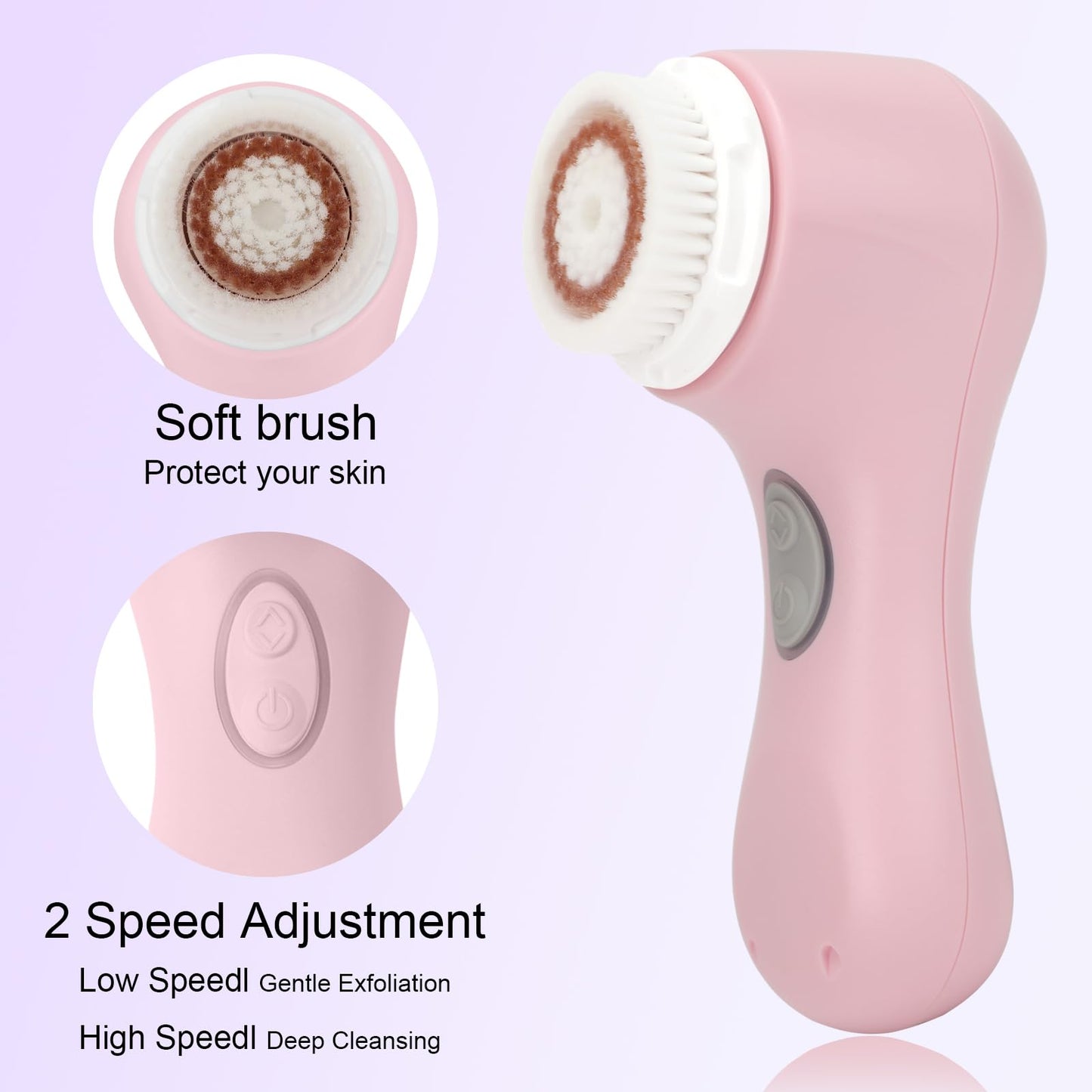 Mia 2 Electric Face Cleansing Brush with 2 Brush Heads, Sonic Facial Brush for Deep Cleaning & Exfoliation, Waterproof Rechargeable (Pink)