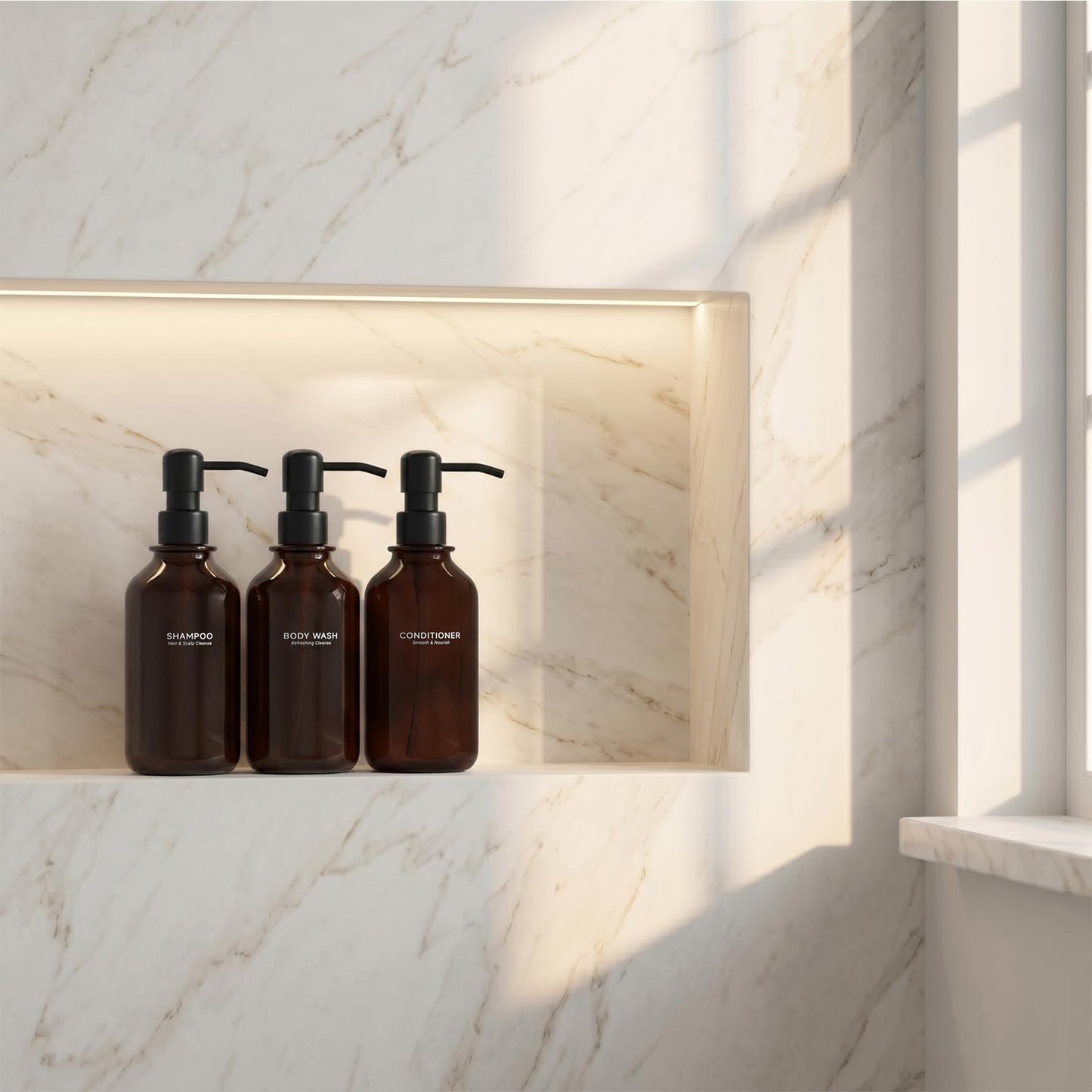Shampoo and Conditioner Dispenser Set of 3, 17oz Refillable Body Wash Bottles, Shower Soap Dispenser for Bathroom Organization, Rust-Proof Stainless Steel Pumps, 17 Labels, Amber+Black