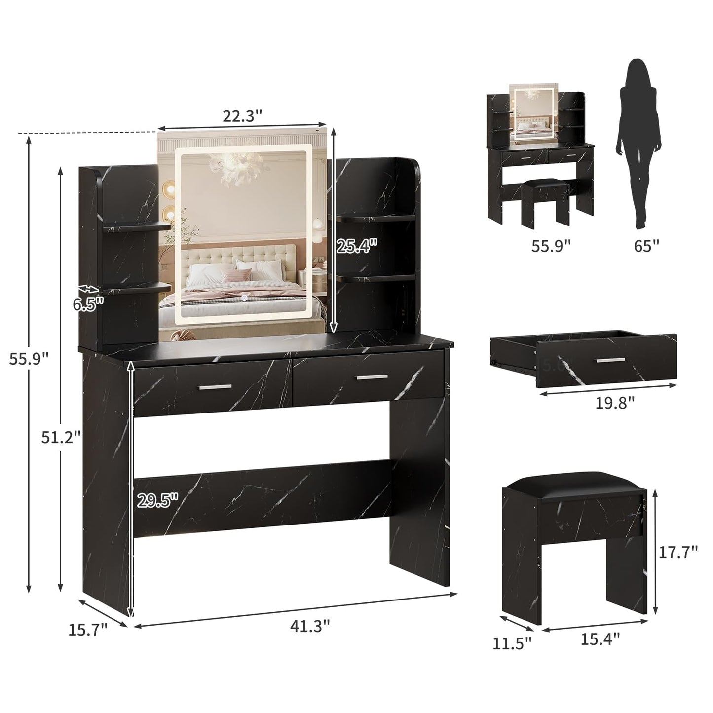 CABIHOME Vanity Desk with Lighted Mirror, Makeup Table with Power Outlet & 2 Storage Drawers, Adjustable Brightness with 3 Color Lighting Modes, Cushioned Stool, Dressing Table, Bedroom, Marble Black