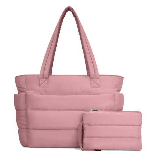 TOPDesign Puffer Tote Bag for Women, Lightweight Puffy Handbag with Compartments & Cosmetic Bag, Quilted Shoulder Bags for Work, Travel, Gym, Gifting (M Dark Pink)