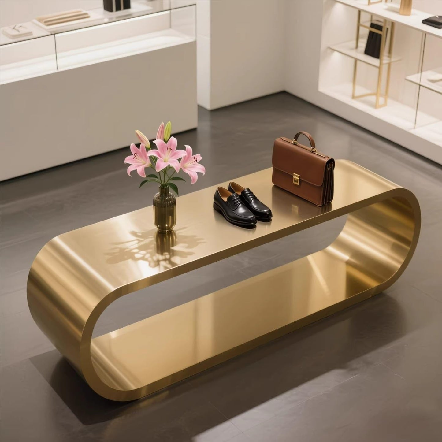 Clothing Store Luxury Stainless Steel Display Table, Modern Island Counter with Rectangle Top, Floor-Standing Storage Table for Jewelry & Accessories,(Gold,120cm*50cm)