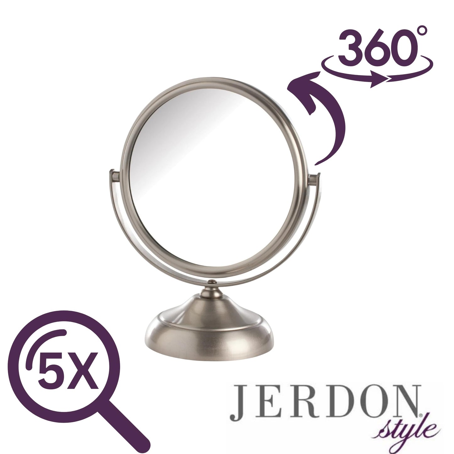 Small Tabletop Magnifying Mirror - 5.5” Diameter Mirror with 5X-1X Magnification - Nickel Finish - Model MC247N