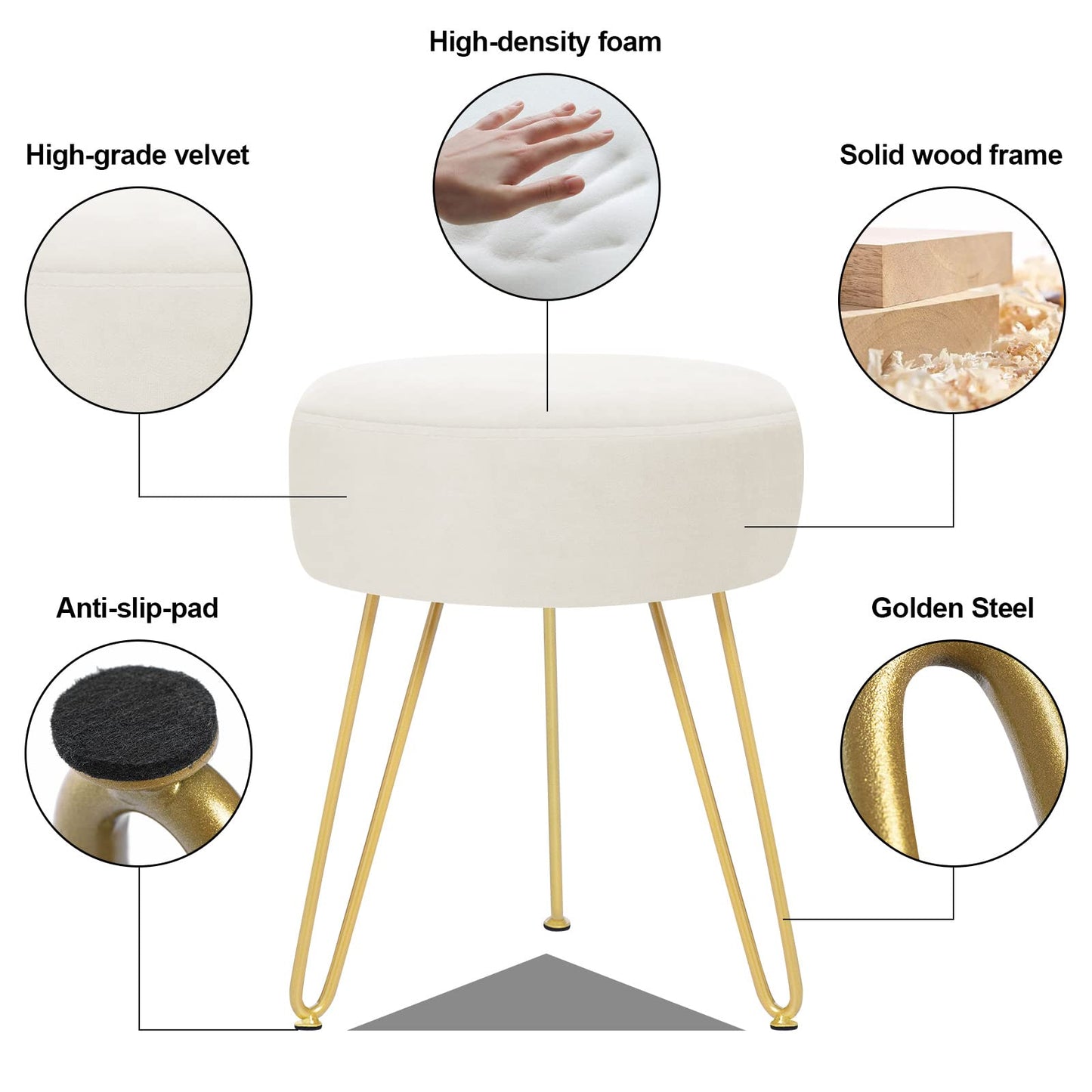 GERANT Multifunctional Vanity Stools - Velvet Round Ottoman Modern Dressing Stool -Upholstered Footrest Stool - Side Table Footstool with Golden Metal Leg for Living Room, Bedroom(Beige)