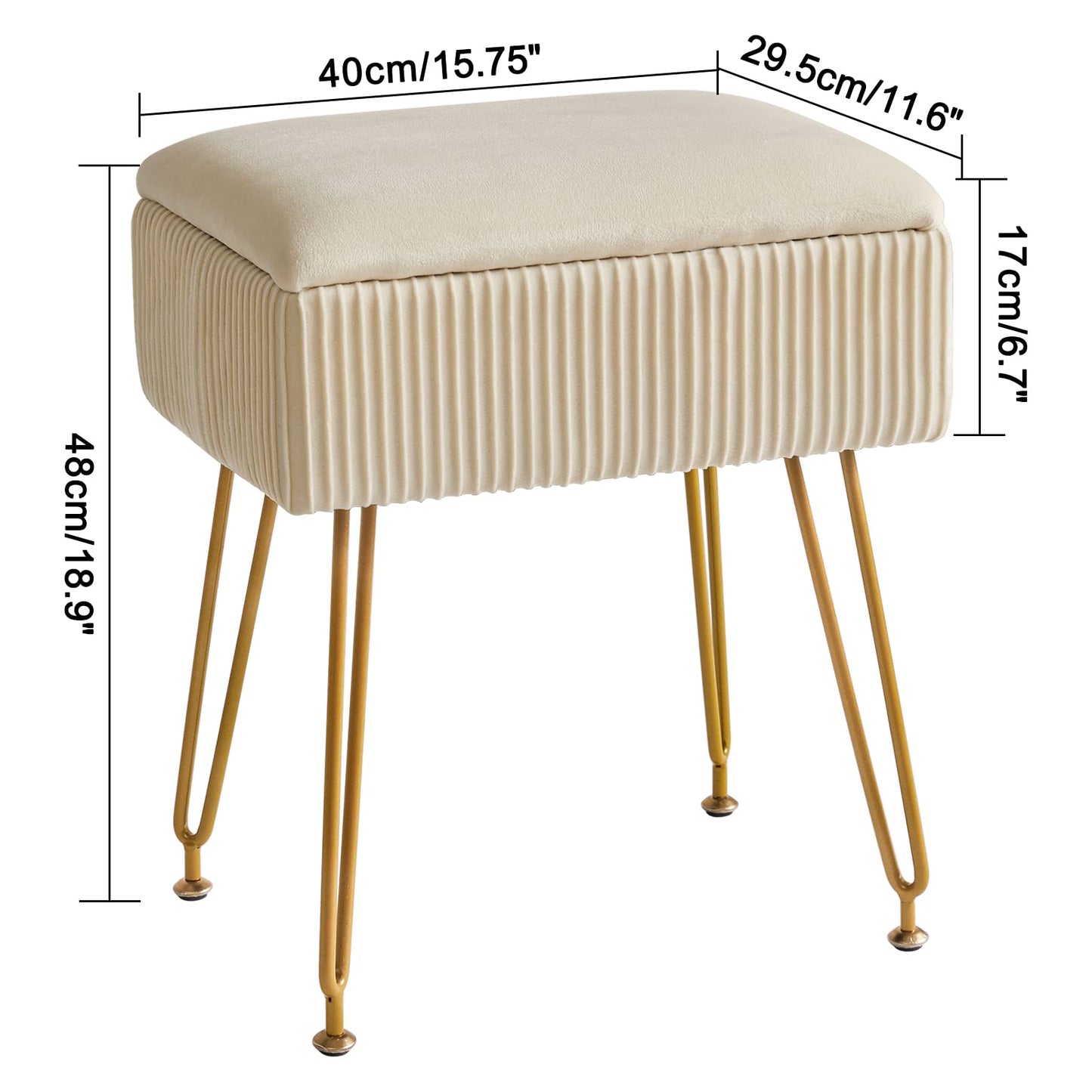 YMYNY Vanity Stool Chair with Storage, Square Ottoman Foot Stool, Modern Multifunctional Makeup Stool for Bedroom, Living Room, Office, Gold Legs, 18.9 * 15.75 * 11.6", Beige, UHBD024M