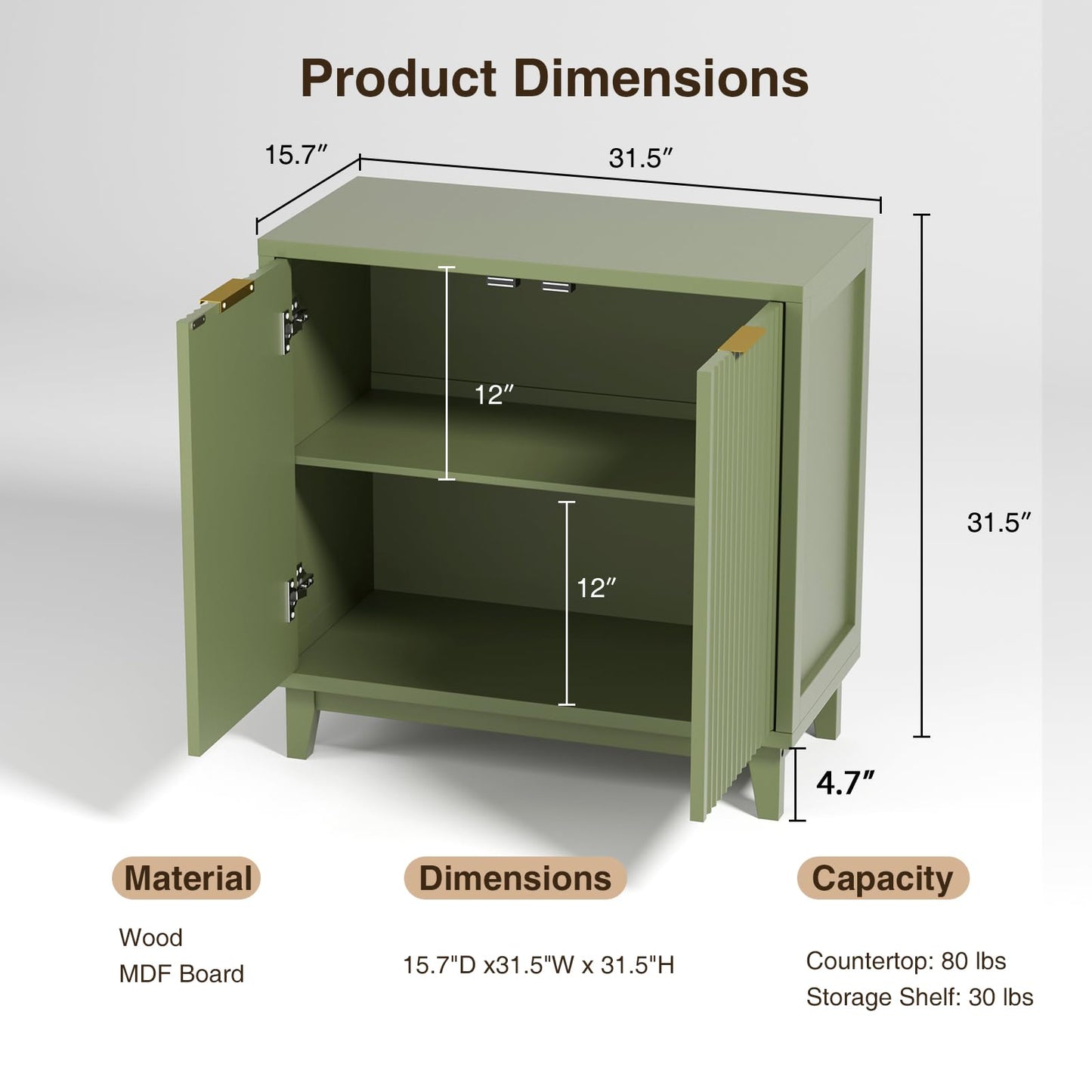 Fluted Cabinet with Storage, 2 Doors Sideboard Buffet, Mid Century Modern Accent Cabinet with Adjustable Shelves, Multifunctional Console Table with Storage for Living Room, Kitchen, Entryway, Green