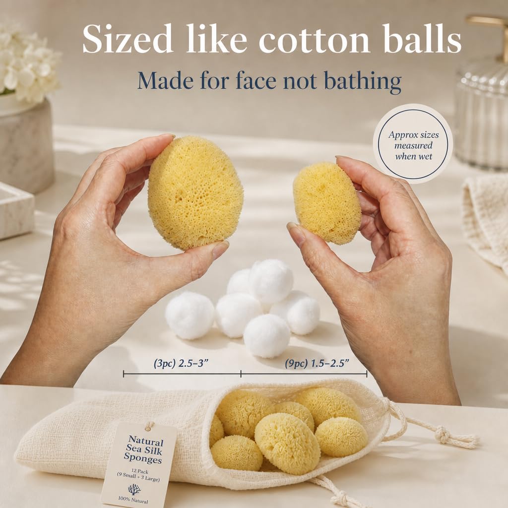 Constantia Beauty® Natural Sea Silk Sponges 12pack, use like Cotton Balls, Cosmetic Grade, Makeup Application Blending & Removal, Face & Eye Cleaning, Size 9pc x1.5"-2.5" 3pc x 2.5"-3" Reuseable Bag