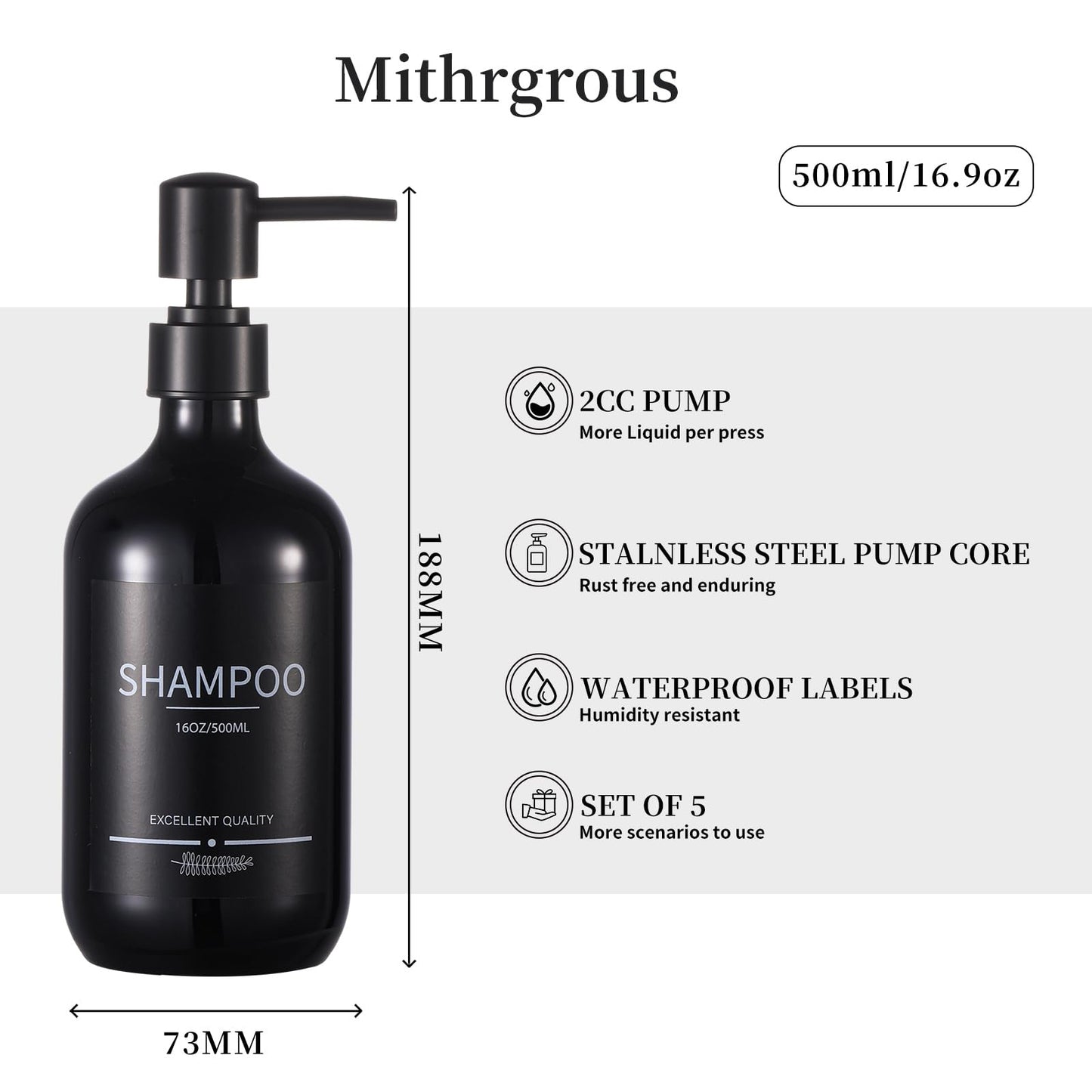 Shampoo and Conditioner Dispenser(5Pack) 16.9oz Refillable Shampoo and Conditioner Bottles,Dispenser for Shower (Black)