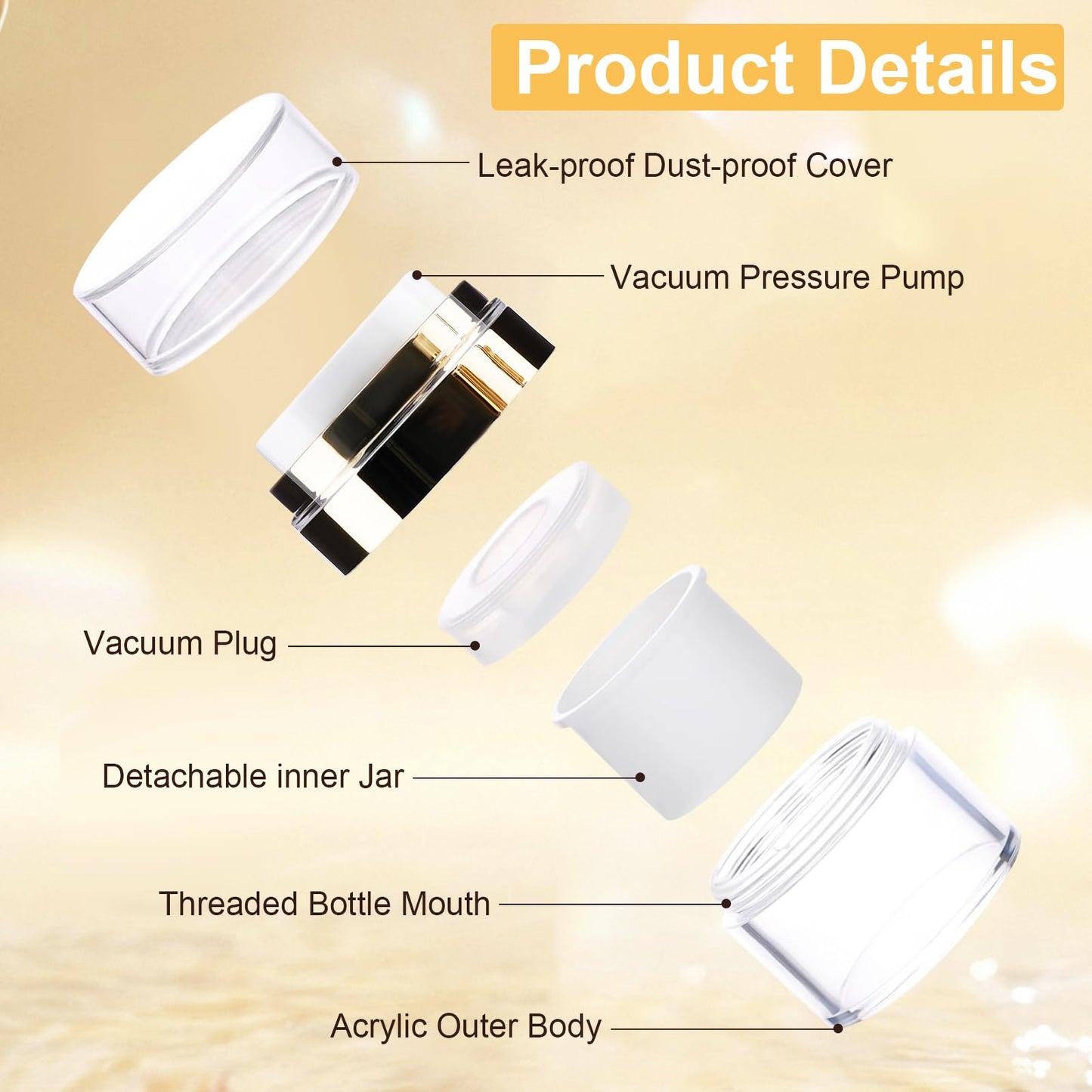 KOUWICH 1.7/1/0.5oz Refillable Cosmetic Moisturizer Airless Pump Jar 3 Pack Bottles Travel TSA Size for Cream, Gels and Lotion with 2 Silicone Cream Jars BPA-Free