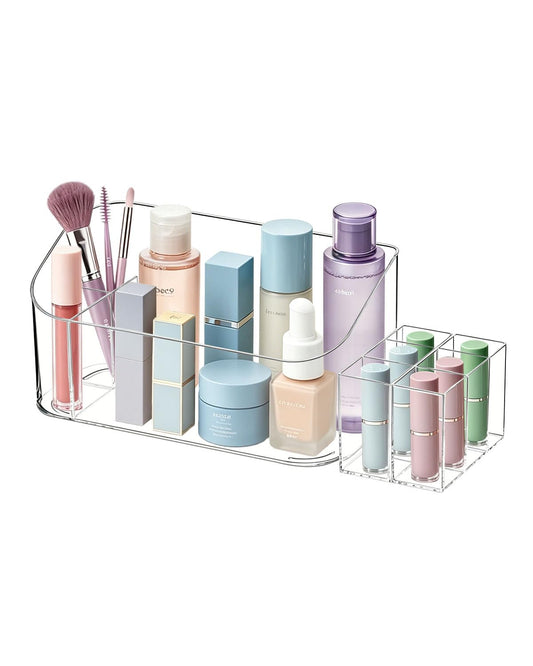 Makeup Tray Holder Organizer Cosmetic Display Case Tabletop Desktop Vanity Countertop Bathroom Wall Cabinet Medicine Storage Box 9 Dividers 2 Removable Women Ladies Girls Gifts Crystal Clear 1 PACK