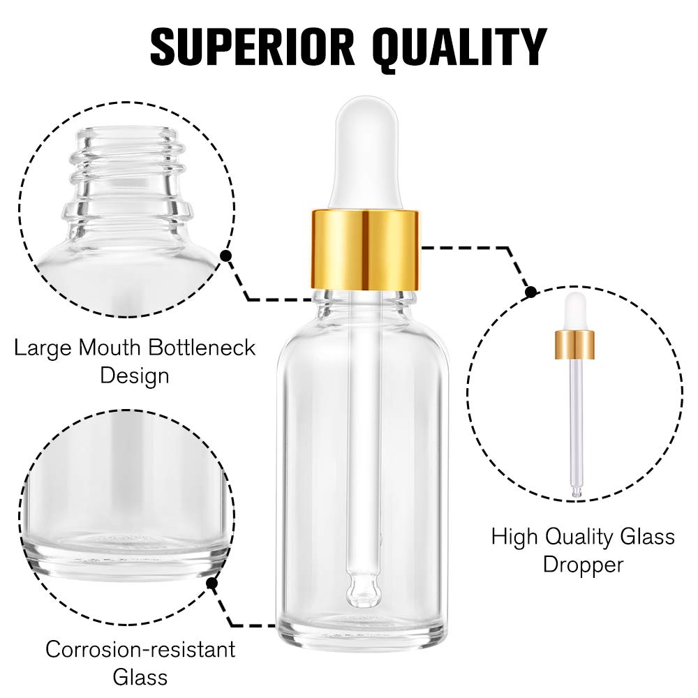 PrettyCare Glass Dropper Bottles 99 Pack, 1oz (30ml) Clear Empty Thick Bottles Bulk with Leakproof Golden Caps - With Labels & Funnels for for Storage, Travel,Essential Oils, DIY Serums