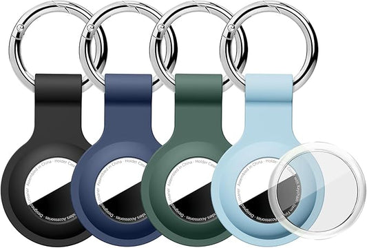 Upgraded for AirTag Holder with Clear Cover Full Coverage Case Keychain for Air Tag, Silicone for AirTags 4 Pack for Apple Holder GPS Tracker Item Tag Finders, Black/Blue/Green/Light Blue