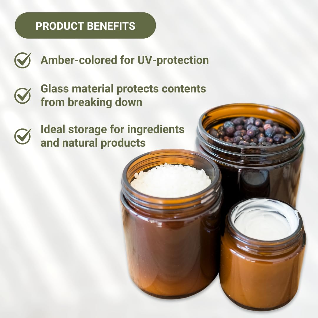 Nature Packaged Glass Amber 16oz Jar - 12 Packs, Lead-Free Empty Round Jars For Beauty Products, Lotion, and Powders - Black Lid - Small Candle Jars