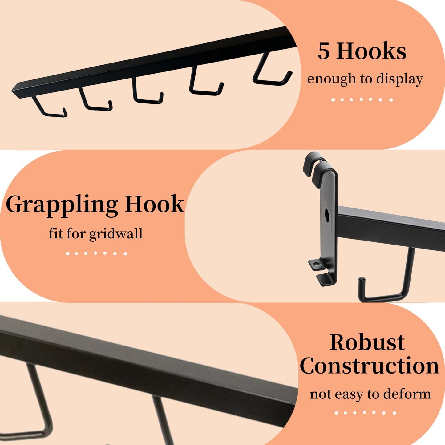 WRINGKIT 6 Pack Gridwall Waterfall Faceout with 5 Hooks, 16.5 Inch Gridwall Waterfall Hangers, Square Straight Arm Hooks for Wire Grid Retail Clothing Display, Grid Wall Accessories