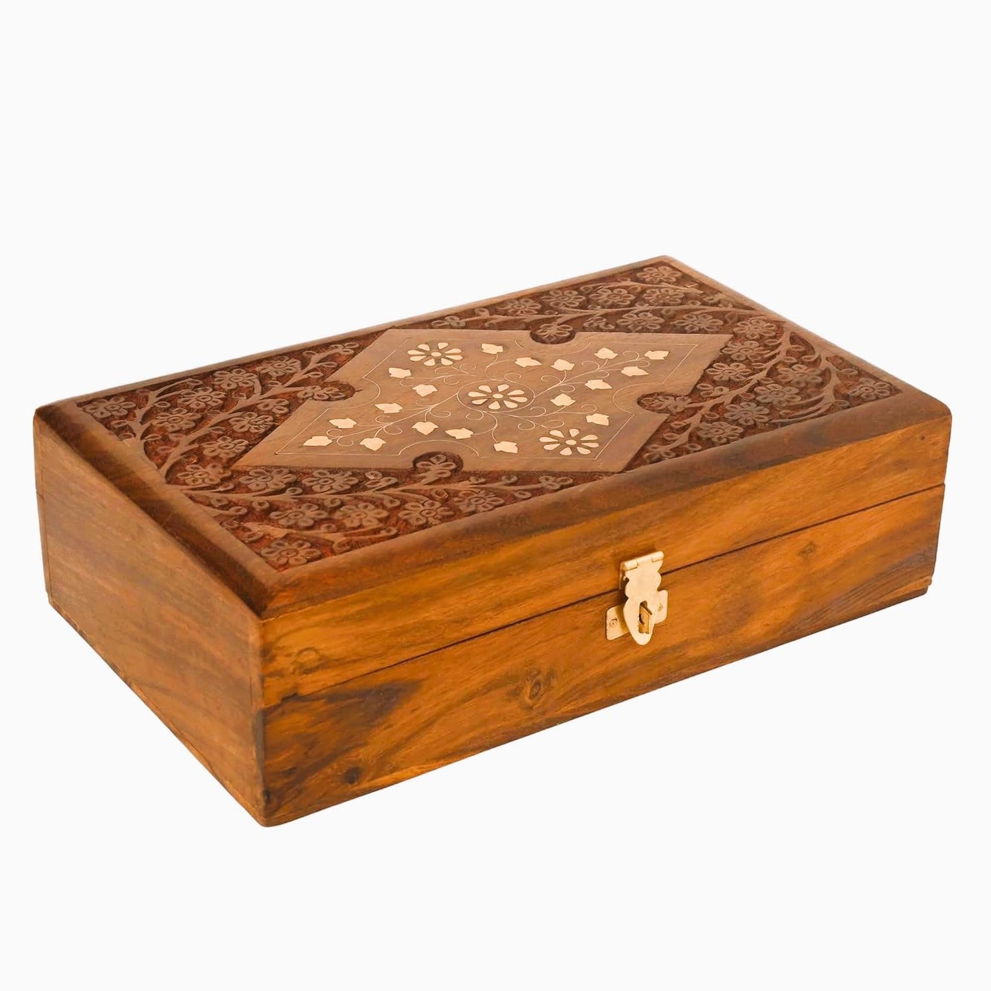 Wooden Jewelry Box with Exquisite Carving and Brass Inlay, Elegant Jewelry Organizer for Rings, Necklaces, and Bracelets, Handcrafted Storage Solution for Treasured Accessories