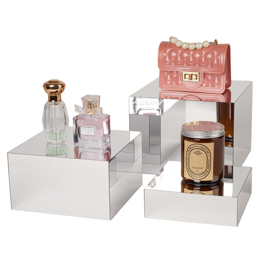 3 Pcs Silver Acrylic Risers Display Stands, Mirrored Nesting Cube Boxes Pedestal for Figures Collectible Jewelry Purse, Stackable Showcase Blocks, Food Display Buffet Risers for Dessert Cakes Catering