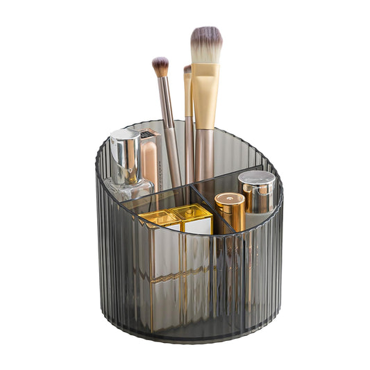 DASITON 3 Slots Makeup Brush Holder, Acrylic Makeup Brush Cup, Vintage Striped Make Up Brush Holder for Vanity Decor, Bathroom Countertops, Desk Storage Container, Cosmetic Display Cases (Black)