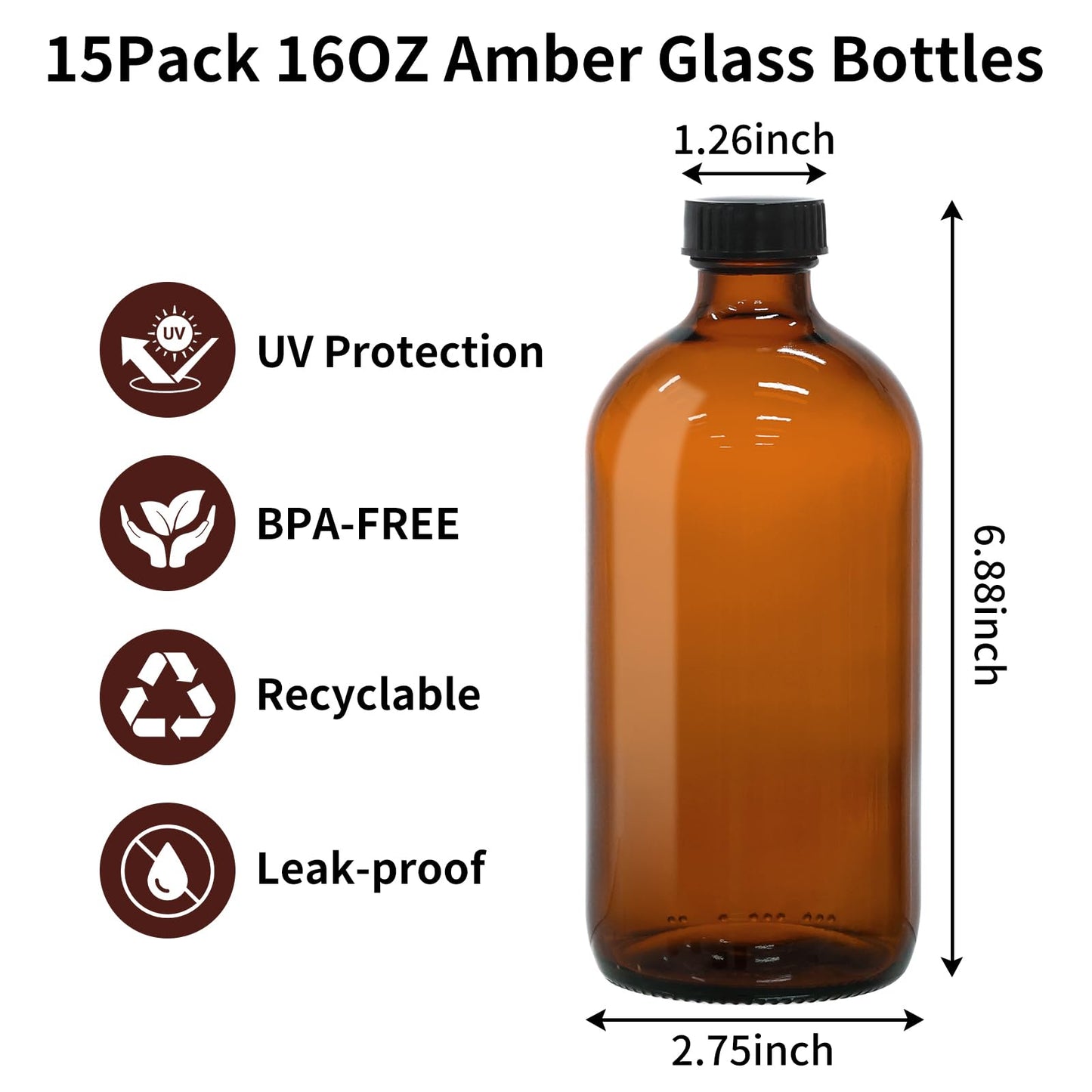 15 Pack 16oz Amber Glass Boston Round Bottles with Phenolic Polycone Caps – Airtight, Leak-Proof Brown Glass Containers for Kombucha Brewing, Storing Condiments, Essential Oils, and Homemade Solutions