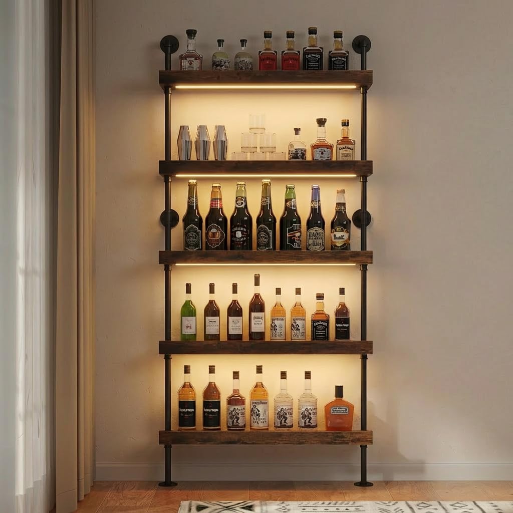 Woskar 5-Tier Wall Mounted Wine Rack with LED, Industrial Pipe Bar Shelf for Wine Bottle Storage, Industrial Pipe Shelves Shelf Shelving for Home Bar Dining Room Kitchen (24INCH-LED)