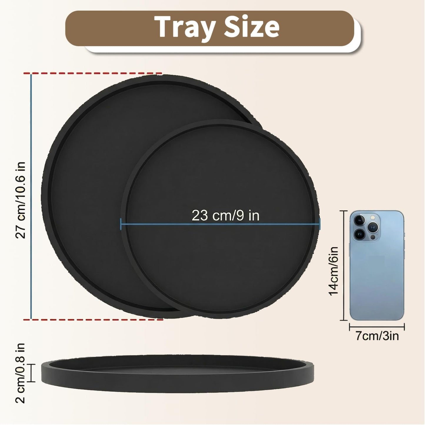 Round Tray Silicone Black, 10.6 Inch Bathroom Tray Countertop Decor, Vanity Trays for Bathroom Organizers, Waterproof Bathroom Tray for Counter, Decorative Coffee Table Tray