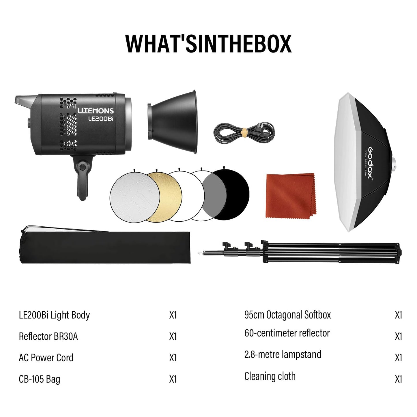 Godox Litemons LE200Bi Bi-Color LED Video Light Kit with Softbox Light Stand Reflector CRI 98+, 2800K-6500K, 57700 Lux Output, DMX/App Control for Studios Ultra Quiet for Content Creation