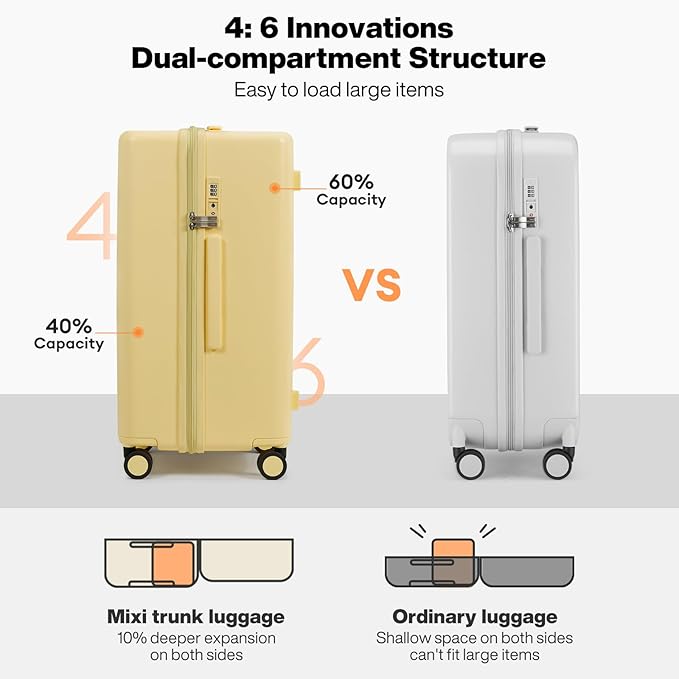 mixi 24'' Plus Trunk Luggage Medium Checked Luggage PC Hard Shell Rolling Travel Suitcases with Spinner Wheels & TSA Lock, Lark Yellow
